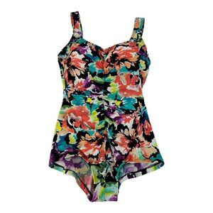 VTG Maxine of Hollywood Sz 14 Floral One Piece Swimsuit Beach Vacation Slimming